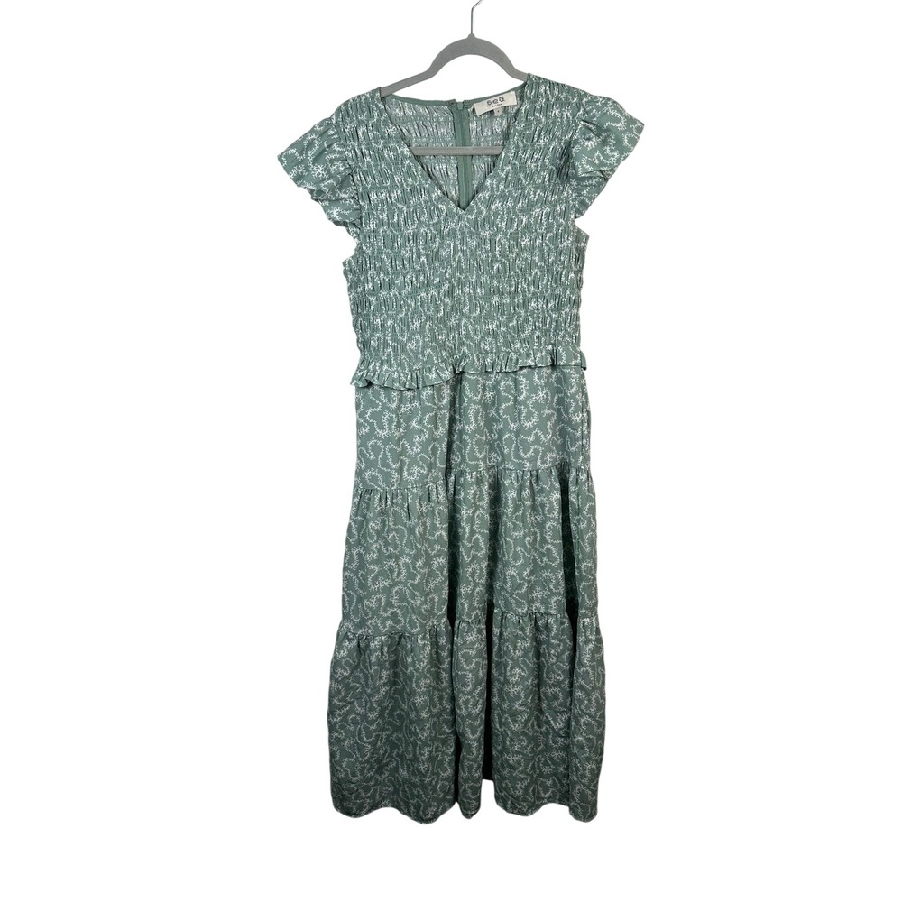 Sea New York Midi Dress Women 8 Green Very Good Smocked Tiered Ruffle Boho